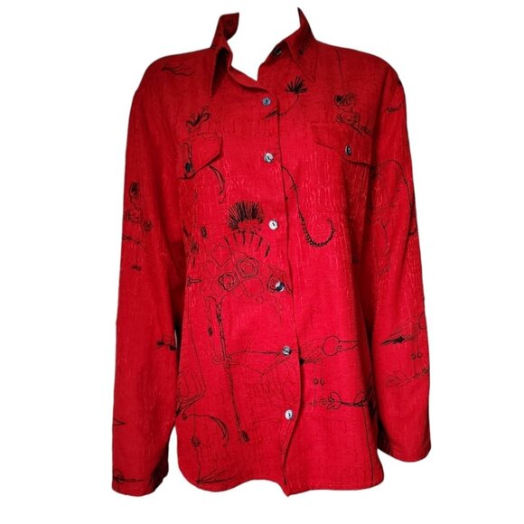 Chicos Button Down Shirt Top Size 2 Womens Large Red 100% Silk Jungle Pattern - Picture 1 of 6